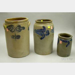 Three Cobalt Floral Decorated Stoneware Jars