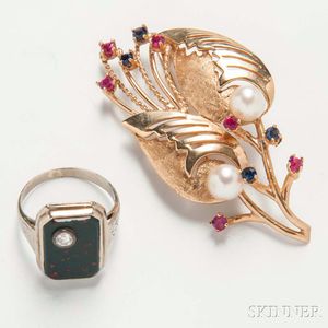 14kt White Gold, Bloodstone, and Diamond Ring and a 14kt Gold Gem-set, and Cultured Pearl Spray Brooch