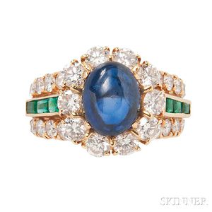 18kt Gold, Sapphire, Diamond, and Emerald Ring