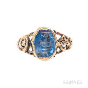 Gold, Engraved Sapphire, and Enamel Ring