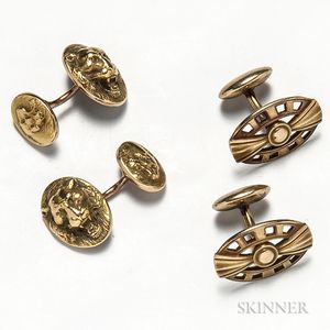 Two Pairs of Art Nouveau 14kt Gold Cuff Links