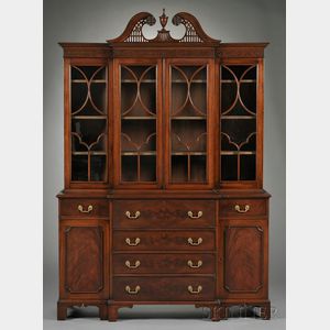 George III-style Carved Glazed Mahogany Breakfront Desk/Bookcase