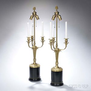 Pair of Louis XVI-style Gilt-bronze Three-light Candelabra Lamps