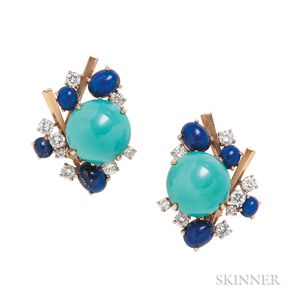 18kt Gold, Turquoise, Lapis, and Diamond Earclips, Marianne Ostier