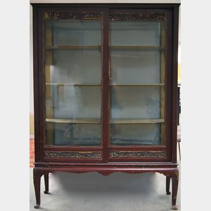 Asian-style Carved and Red-painted Glass Display Cabinet