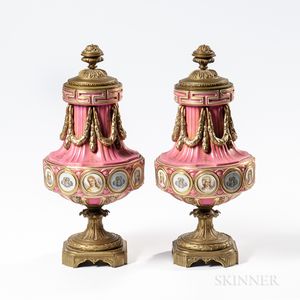 Pair of Sevres-style Porcelain Bronze-mounted Portrait Vases and Covers