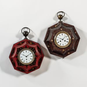 Pair of Shield-form Paint-decorated Tin Wall Clocks