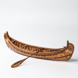 Cesar Newashish Birchbark Canoe Model and Paddle