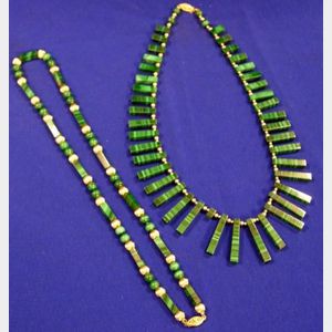 Two Contemporary Malachite and Gold Bead Necklaces.