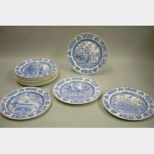 Set of Thirteen Wedgwood Light Blue and White Transfer Yale College Dinner Plates