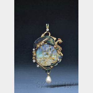 Fine Art Nouveau 18kt Gold, Carved Opal, Enamel, Pearl, and Diamond Pendant