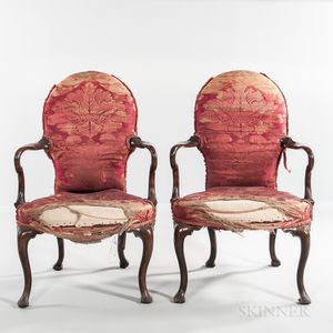 Pair of George II Upholstered Mahogany Open Armchairs