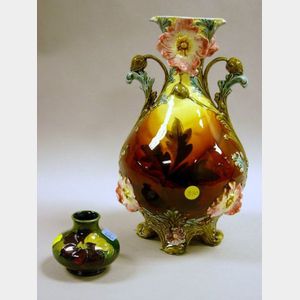 French Majolica Floral Decorated Vase and a Small Moorcroft Vase.