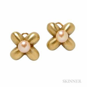 14kt Gold and Cultured Pearl Flower Earclips, Eva Seio