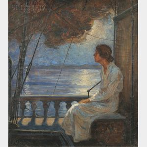 Robert Lynn Lambdin (American, 1886-1981) Woman in Moonlight on a Ship's Deck