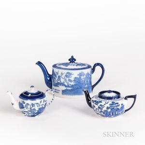 Three Blue Transfer Teapots