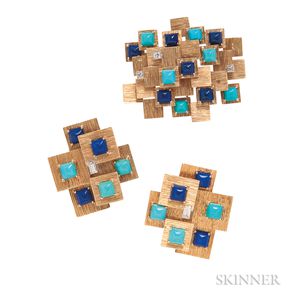 18kt Gold, Turquoise, Lapis, and Diamond Earclips and Brooch, Marianne Ostier