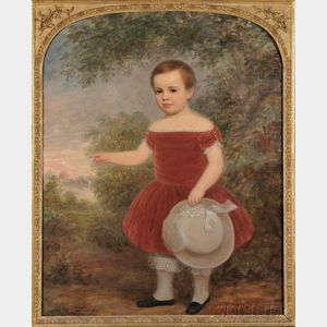 American School, 19th Century Portrait of a Young Child Wearing a Red Dress, Standing in a Landscape.