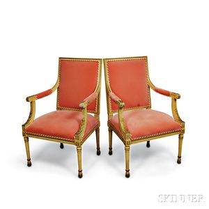 Pair of Louis XVI-style Carved, Painted, and Upholstered Fauteuil