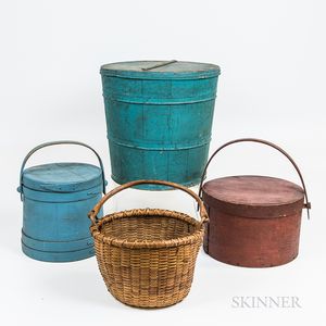 Blue-painted Firkin and Bucket, Red-painted Pantry Box, and a Swing-handled Basket