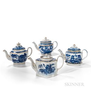 Four Porcelain Blue Transfer and Gilt Teapots