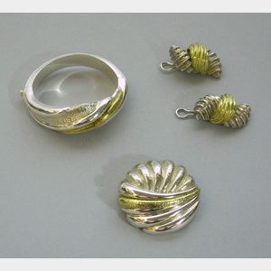 Italian Artist Designed Sterling Silver and 18kt Gold Bracelet, Brooch, and Earrings Suite.