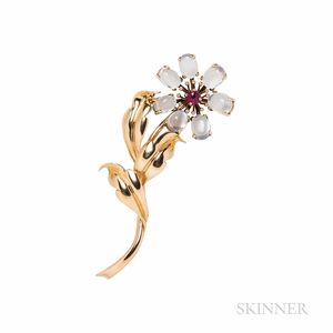 Retro 14kt Gold, Moonstone, and Ruby Flower Brooch