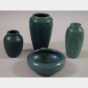 Four Rookwood Pottery Matte Blue Glazed Items