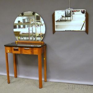 Art Deco Black Lacquer-top Wood and Mirrored Salon Vanity and an Art Deco Wall Mirror. 
