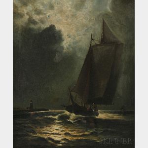 Wesley Elbridge Webber (American, 1841-1914) Moonlit Sail with Distant Lighthouse