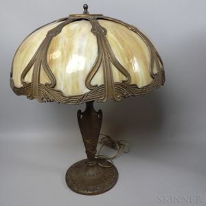 Miller Bronzed Metal and Carmel Overlay Slag Glass Table Lamp