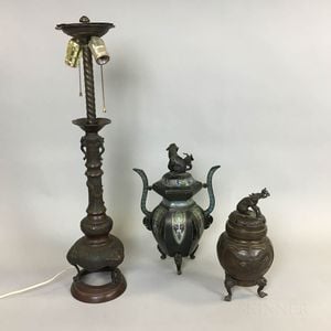 Two Chinese Bronze Censers and a Lamp