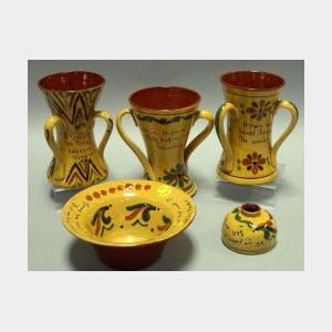 Aller Vale Motto Ware Daisy Bowl, Ink Pot, and Two Three-Handled Vases, and a Torquay Motto Ware Three-Handled Vase.