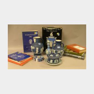 Six Wedgwood Dark and Light Blue Jasper Dip Items with Six Wedgwood Related Books