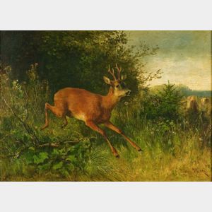 Ludwig Gustav Voltz (German, 1825-1911) Startled Out of Cover/ Landscape with a Leaping Deer