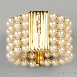 18kt Gold, Cultured Pearl, and Diamond Bracelet