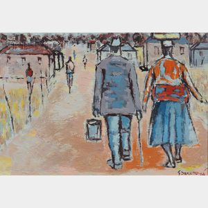 Gerard Sekoto (South African, 1913-1993) Figures Walking in a Township
