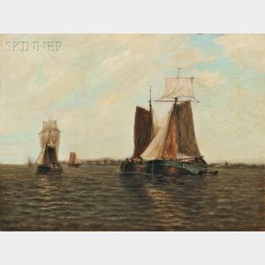 Paul Jean Clays (Belgian, 1819-1900) Sailing Vessels in a Quiet Harbor