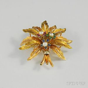 Italian 18kt Bicolor Gold Gem-set Floral Brooch