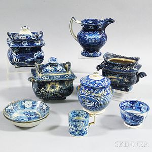 Nine Blue Transfer-decorated Tableware Items