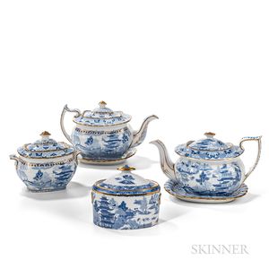 Four Blue Transfer and Gilt Two Temples I, Variations Pattern Teaware