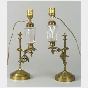 Pair of Colorless Pressed Glass and Brass Adjustable Fluid Lamps