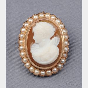 Antique Hardstone and Seed Pearl Cameo Pendant/Brooch