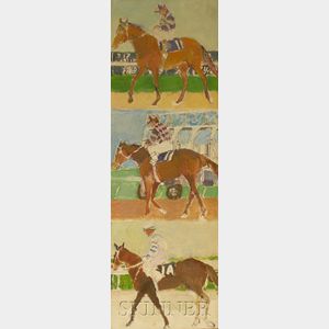 Barnet Rubenstein (American, 20th Century) Lot of Two Unframed Oil on Canvas Scenes of Horses and Jockeys.