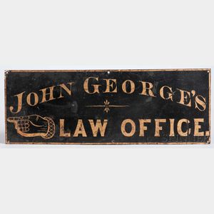 Black-painted and Gilt Tinned Sheet Iron "JOHN GEORGE'S LAW OFFICE." Sign