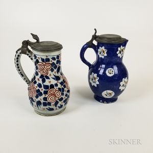 Two Pewter-mounted Polychrome Faience Tankards