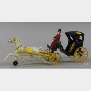 Painted Cast Iron Horse-drawn Carriage with Driver and Passenger.