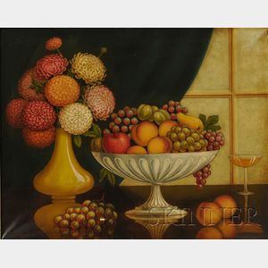 American School, 20th Century Still Life with Fruit in a Compote and Vase of Zinnias.