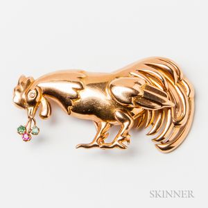 14kt Gold, Ruby, Emerald, and Diamond Rooster Brooch
