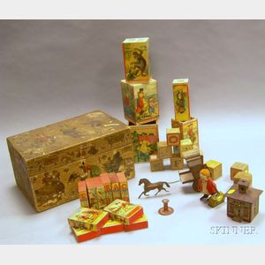 Decoupage-decorated Box Containing with Victorian Lithographed Toys.